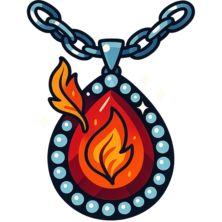 A teardrop ruby pendant with fiery light, a tiny phoenix feather emerging, haloed by shimmering white stones, and a silver chain like liquid moonlight emoji
