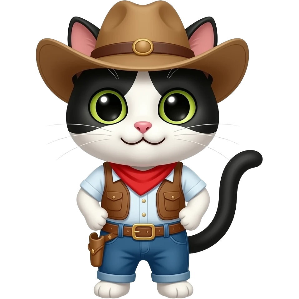 white and black cat standing pose wear cowboy dress and hat emoji