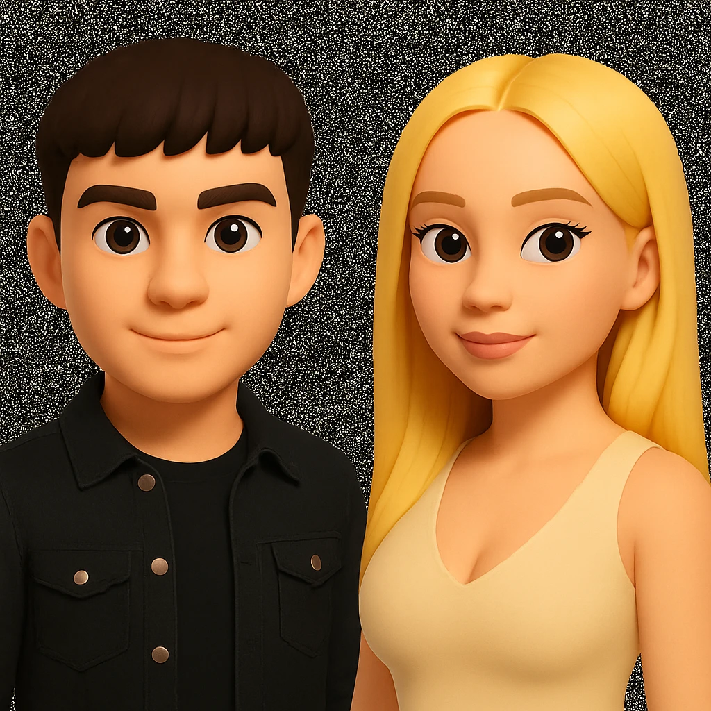 In the style of 3D Emoji, slightly increase the volume of the upper body of the girl, separate the girl and the boy from each other, and make the skin color the same for both characters. emoji