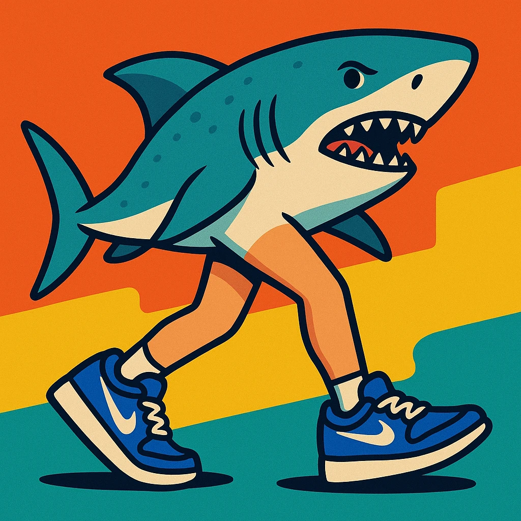 realistic shark with human legs wearing blue Nike sneakers, vibrant cartoon style emoji