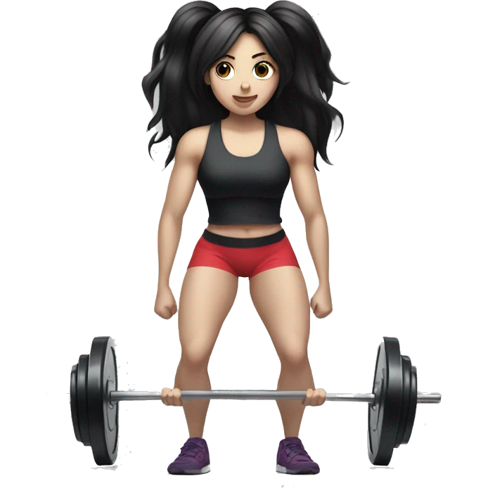 Pale girl with long black hair lifting weights deadlift emoji