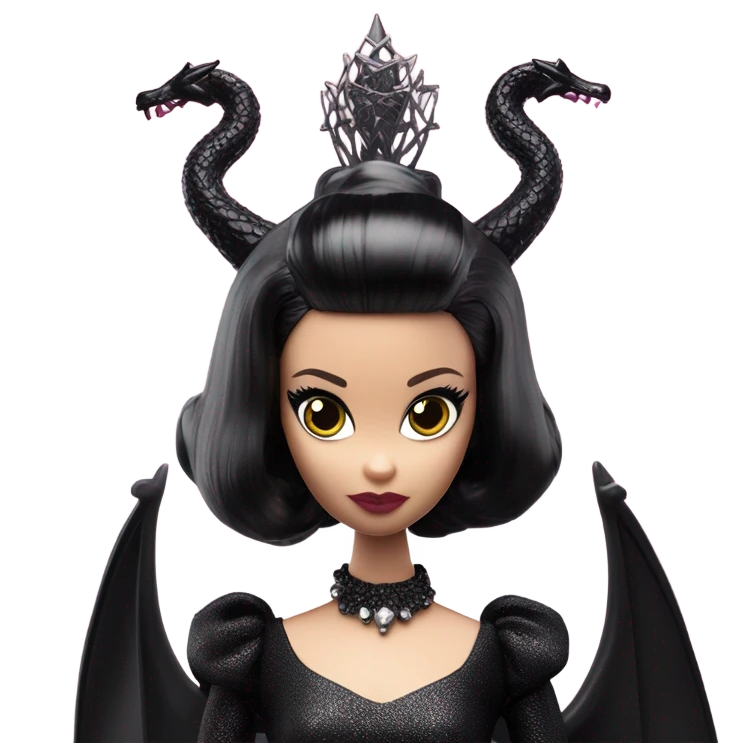 evening dressed, Wednesday Addams Barbie Jedi wearing a mini tiara, riding on the back of a very large black shiny evil-looking fire-spewing horned dragon emoji