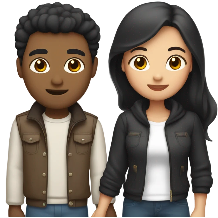 a couple holding hands. the guy has black middle part hair and is Persian and Filipino mix, wearing a jacket. the girl has brown hair white and asian mix, wearing a crop top. emoji