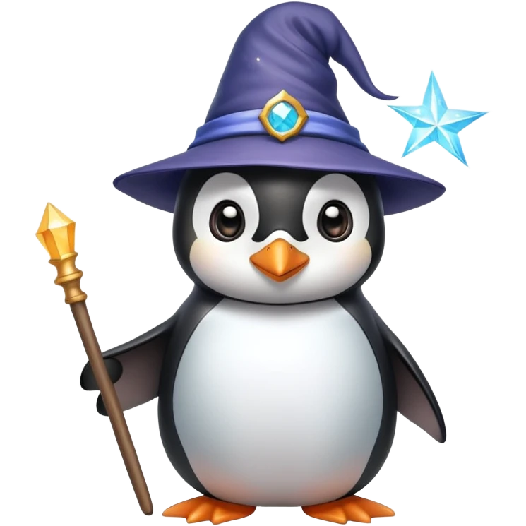 Cute penguin wearing wizard hat and holding a magic wand emoji