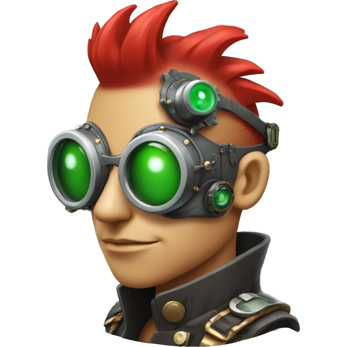 Male cyborg with thin red Mohawk and green steampunk goggles emoji