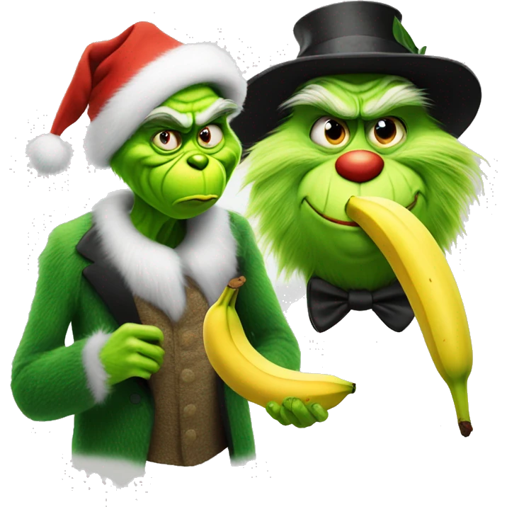 Grinch eating a banana with a top hat and a cat emoji