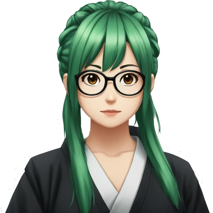 Maki zenin from jujutsu kaisen, Green hair tied one pony tail,side bangs, visible glasses, serious face, wear black leggings, Jujutsu kaisen women uniform emoji