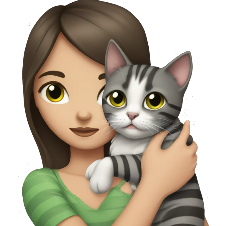 Brunette girl with green eyes, holds in her arms a British gray, striped cat with brown eyes emoji