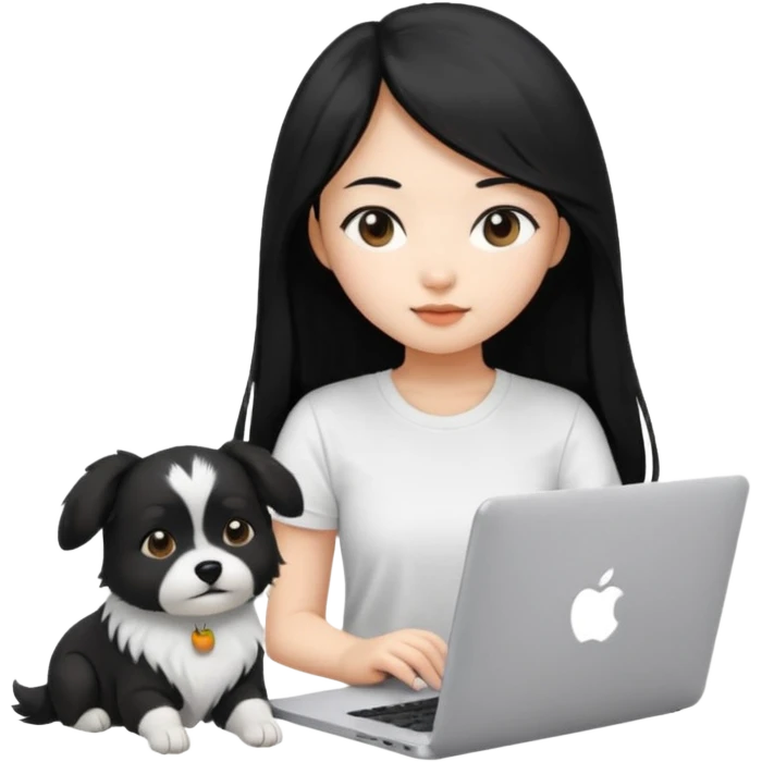 Asian girl long black hair, wearing a white t-shirt, working on an Apple laptop, next to her is a small black and white female dog emoji