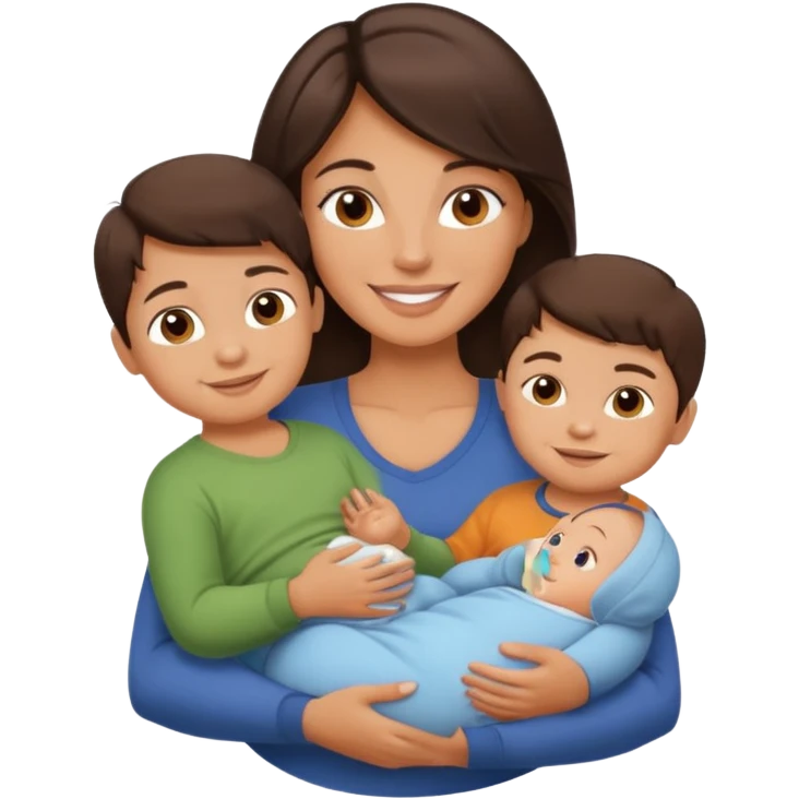 Beautiful fit Brunette Mom holding a baby and two sons, ultra realistic  emoji