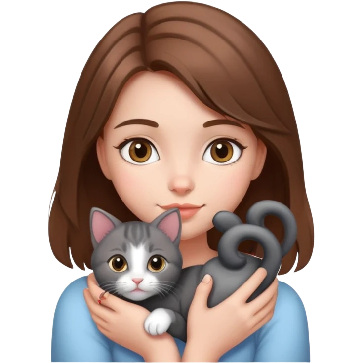 Girl with brown hair holding a grey and black kitten with love hearts around  emoji