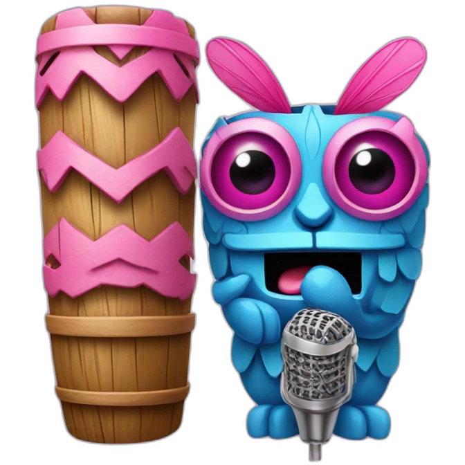 Cartoon Blue and pink tiki singing with butterfly and mikrophone emoji