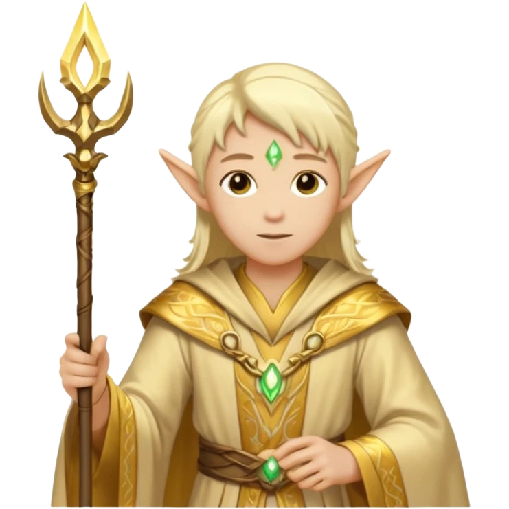 {
      "type": "human",
      "look": "light elf healer, golden robe, staff",
      "description": "a light elf healer wearing a golden robe and holding a staff"
    } emoji
