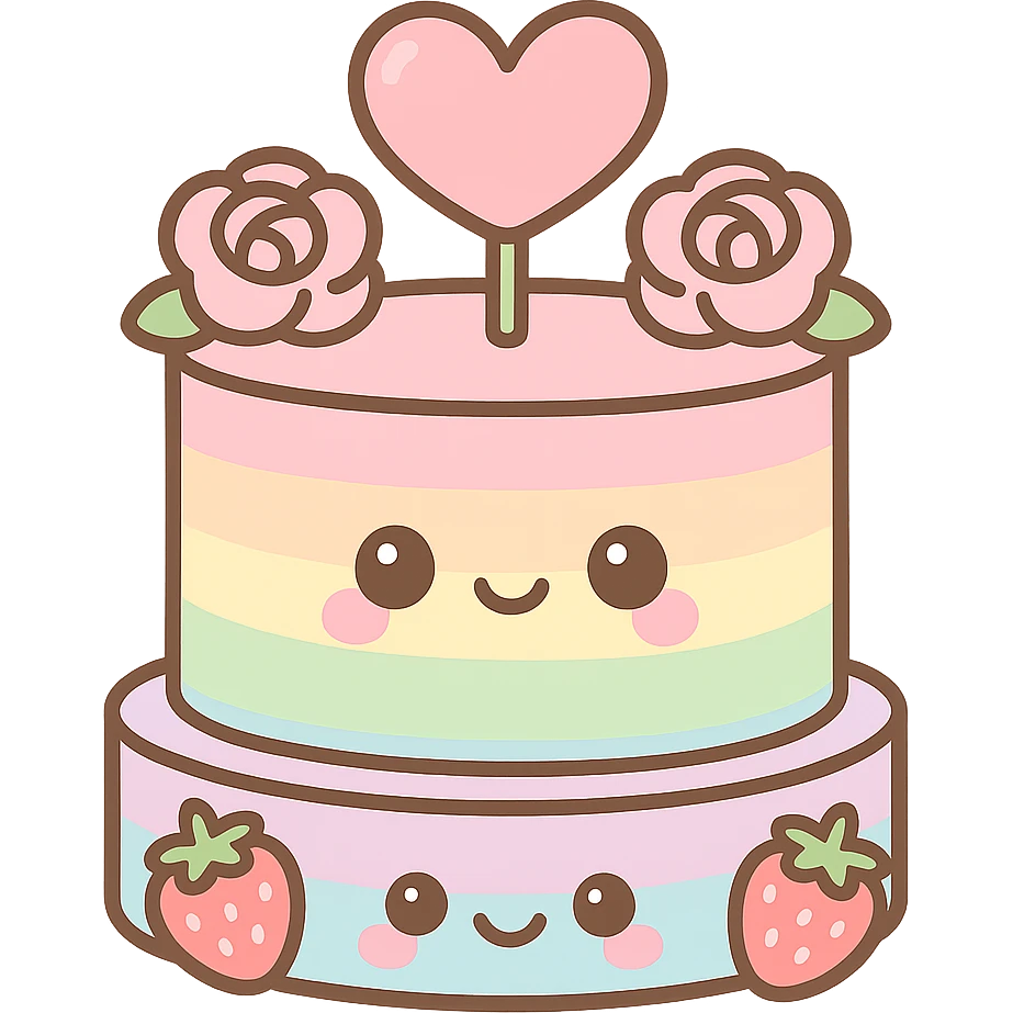 pastel rainbow wedding cake with strawberries, pink roses, heart topper, kawaii style emoji