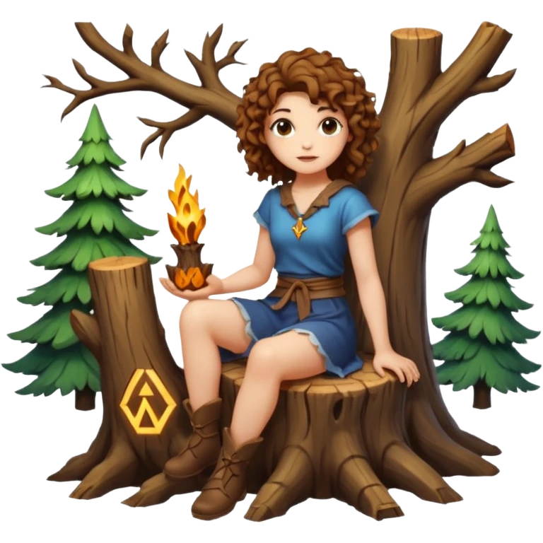 full body woman short curly brown mullet hair brown eyes white skin sitting on tree stump carving glowing rune emoji
