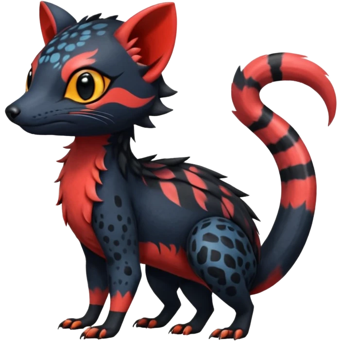 Rare exotic realistic cute epic aesthetic gothic colorful Salandit-Litten-Quilava-Civet-species-Fakemon-hybrid-creature, with markings, full body emoji