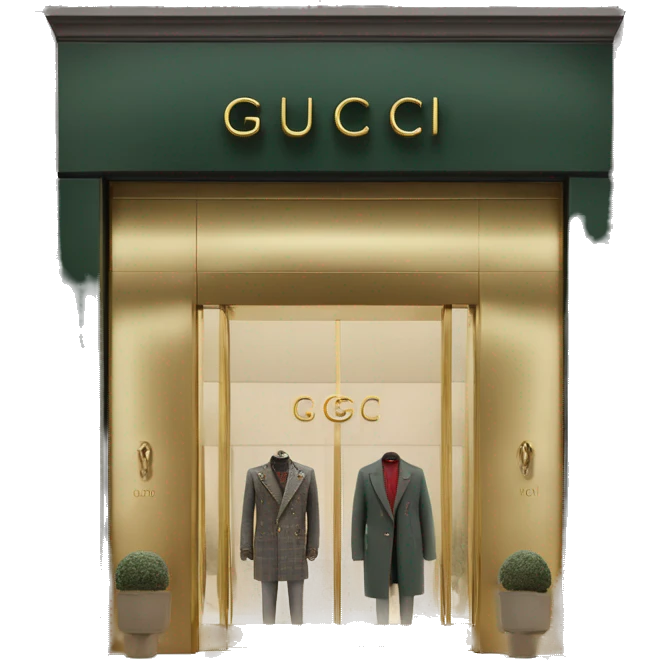 “Gucci store exterior with gold logo above entrance, large glass windows displaying luxury fashion, and elegant double doors.” emoji
