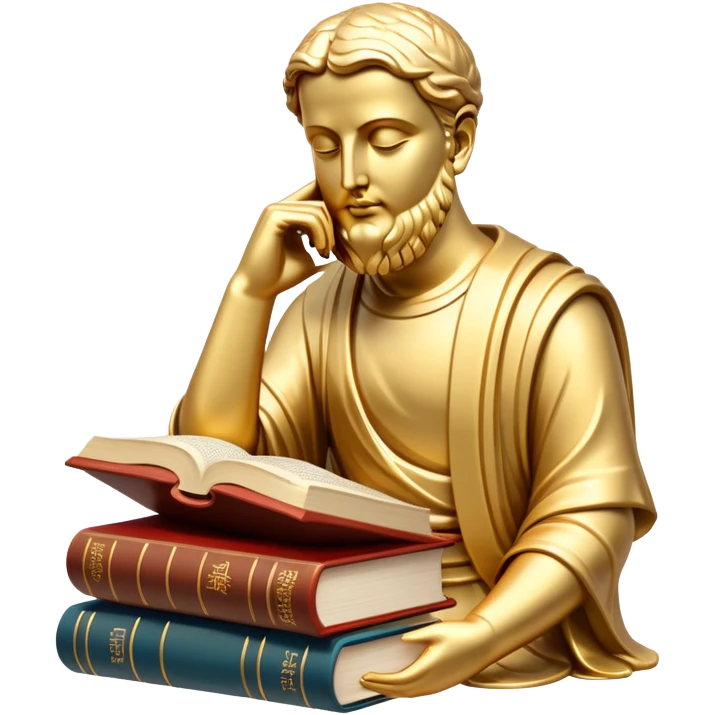 An icon featuring a thinker statue, a scroll, symbolizing philosophy. The design includes books and abstract symbols representing deep thought and wisdom. Transparent background highlights the study of ideas, logic, and existential questions emoji