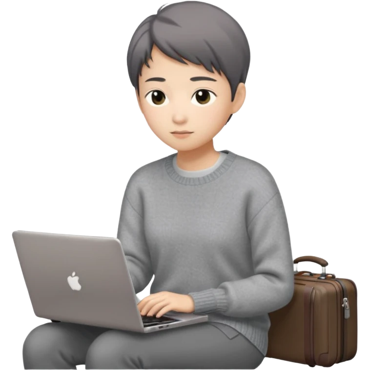 페르소나 요약 : 교환학생을 준비하는 대학생. 동양인 중성 20대의 상반신, 캐주얼한 옷(니트, 맨투맨)을 입은 채 노트북을 보고 있으며 옆 한켠에는 캐리어가 함께 준비되어 있어요. 안경은 끼지 않았어요 emoji