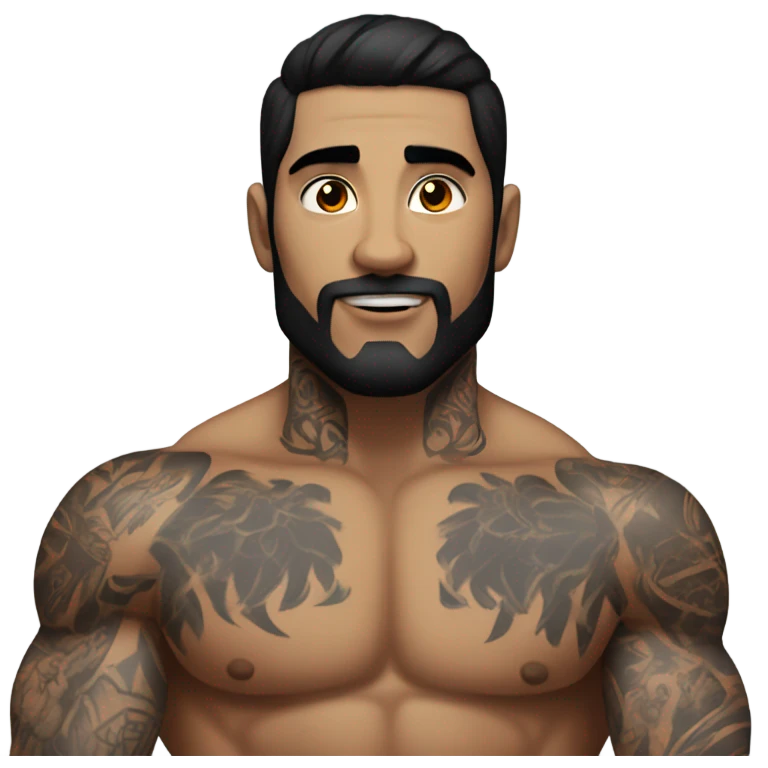 Muscular man with black hair and tattoos on his back and arm emoji