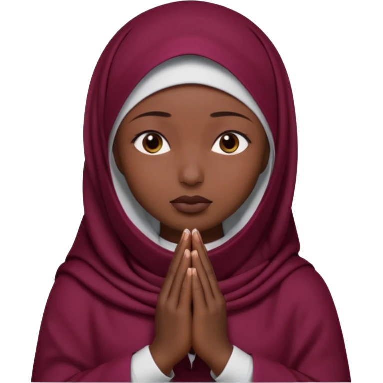darkskin muslim black woman praying with burgundy hijab hyper realistic face, islamic prayer position  emoji