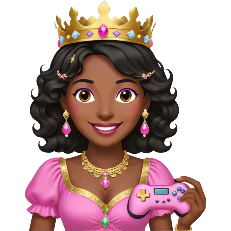 Crown dark black women smiling with really long WAVY hair pink dress pink crown facing forward black hair middle age adult woman gold gems in crown gold earrings  one woman smiling wink head only with holding game controller on side emoji