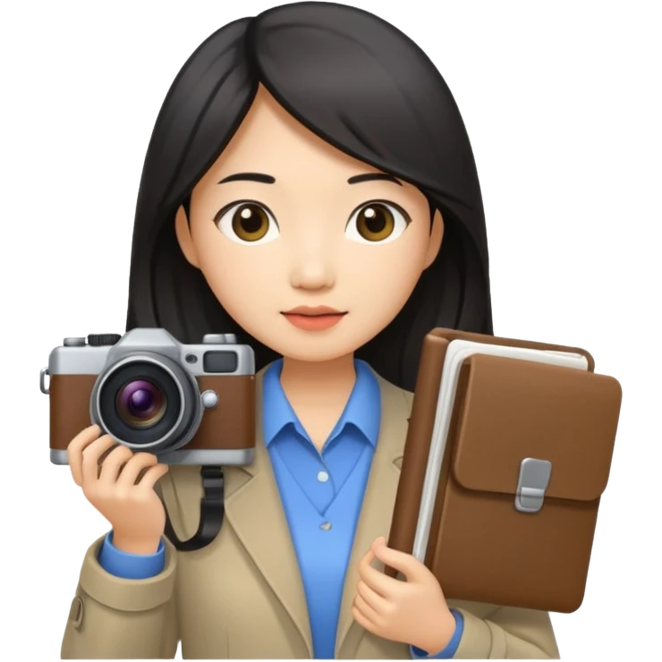 journalist asian woman long hair holding camera and notebook emoji