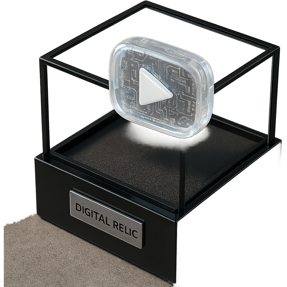 white youtube play button placed in the center of a sleek black acrylic box, like a collectible or museum artifact, foam padding, small engraved nameplate that says “Digital Relic”, soft ambient lighting, real-world texture emoji