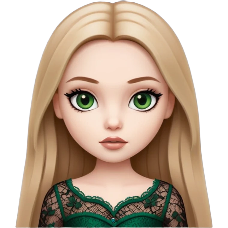 pretty bratz girl, long straight light brown hair, dark green eyes, black eyeliner, pale skin, dark girly lace clothes emoji