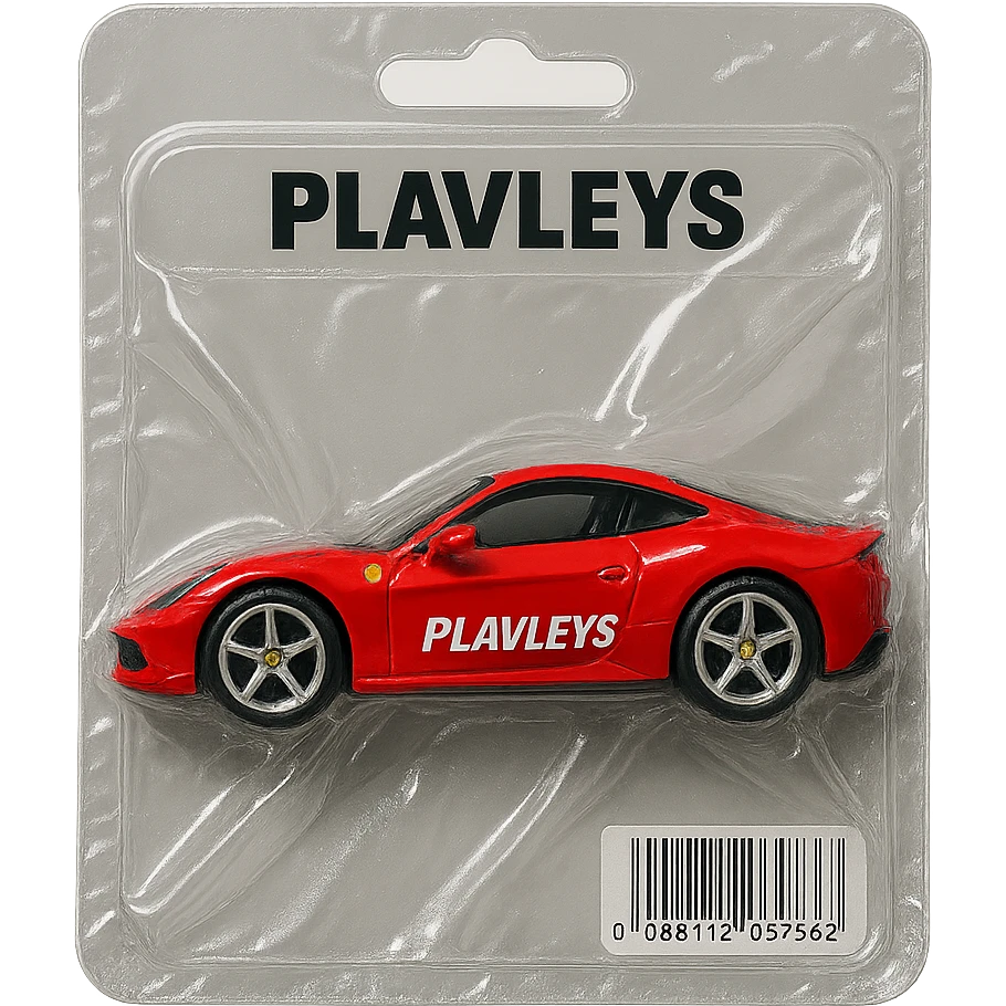 red Ferrari car with the word 'PLAVLEYS' on the side, inside a Hot Wheels style blister package, glossy and puffy, no background emoji