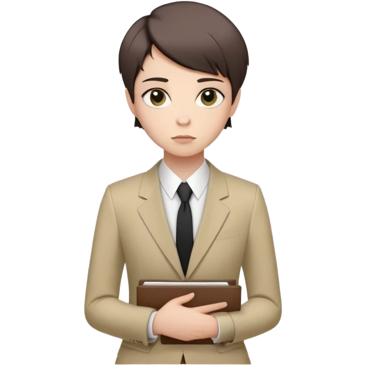 Gender: Non-binary Hair: Asymmetrical short cut (left longer) Face: Slightly flushed cheeks, eager wide eyes Clothes: Ill-fitting new suit with pinned hem Action: Clutching orientation folder nervously emoji