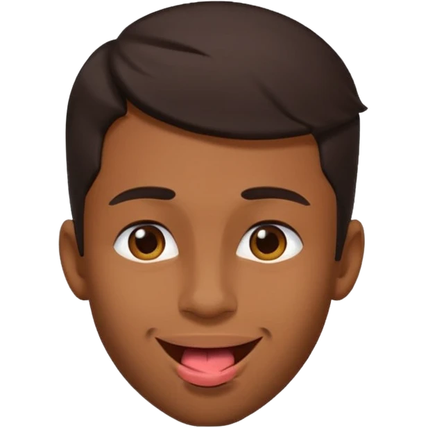 A brown skin guy with dark hair that is his covering forehead, his head is tilted back a bit and his tongue is out emoji