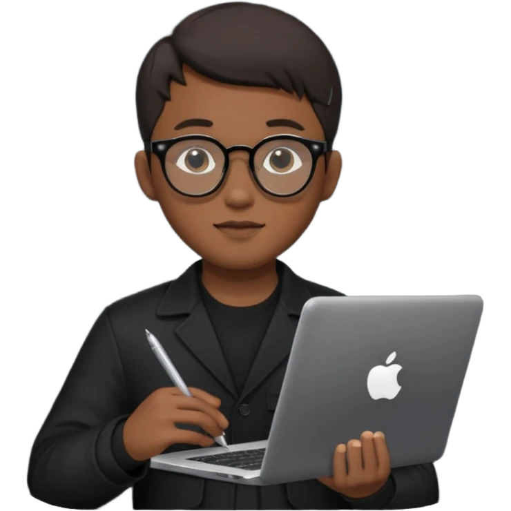 a asia man guy his 20s wearing an apple notebook, wearing bodyguard radio operator, round glasses, blackclothes emoji