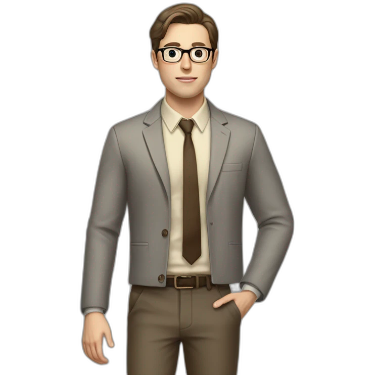 Full height Actively Gesturing Pale skinned fit man with dark brown hair in gray jacket, beige office shirt, brown tie, brown pants and vintage glasses. emoji