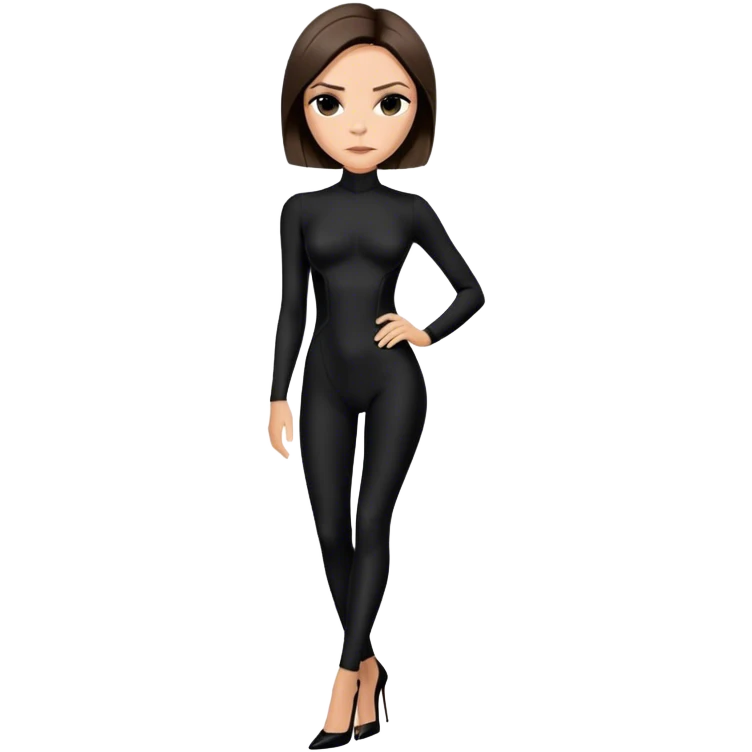 Victoria Beckham with light skin, short dark brown bob, black catsuit wearing black heels emoji