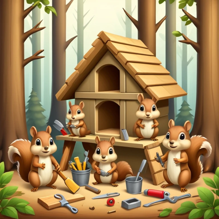 squirrel hut under construction with four workers emoji
