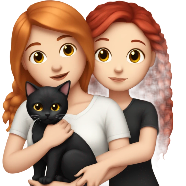 White girl red hair cuddles with black kitty emoji