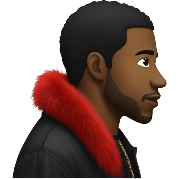 side profile of a hip hop artist. he is wearing a black coat. the coat also has a red furry collar. emoji