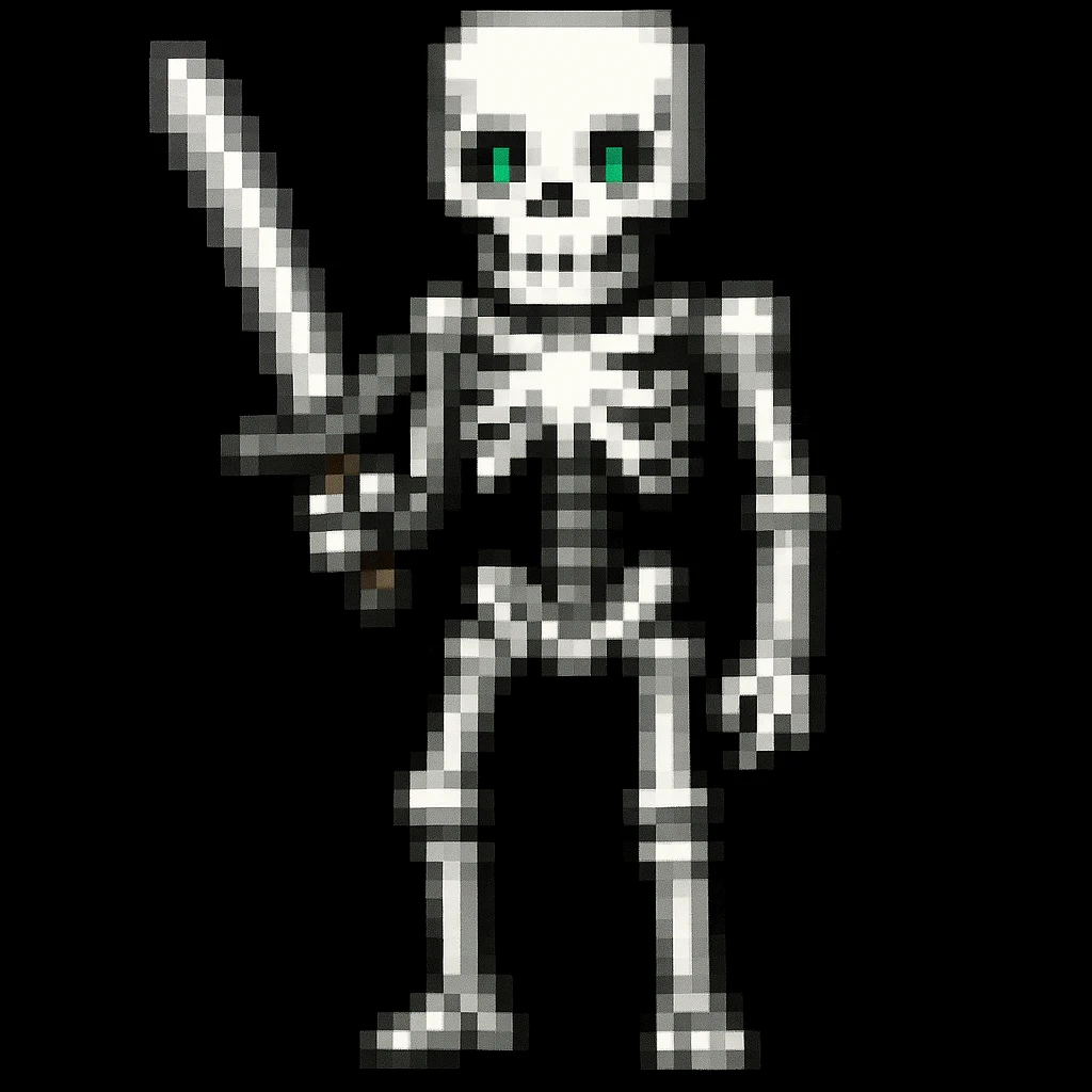Make the Minecraft skeleton hold a sword in the pixel art style emoji