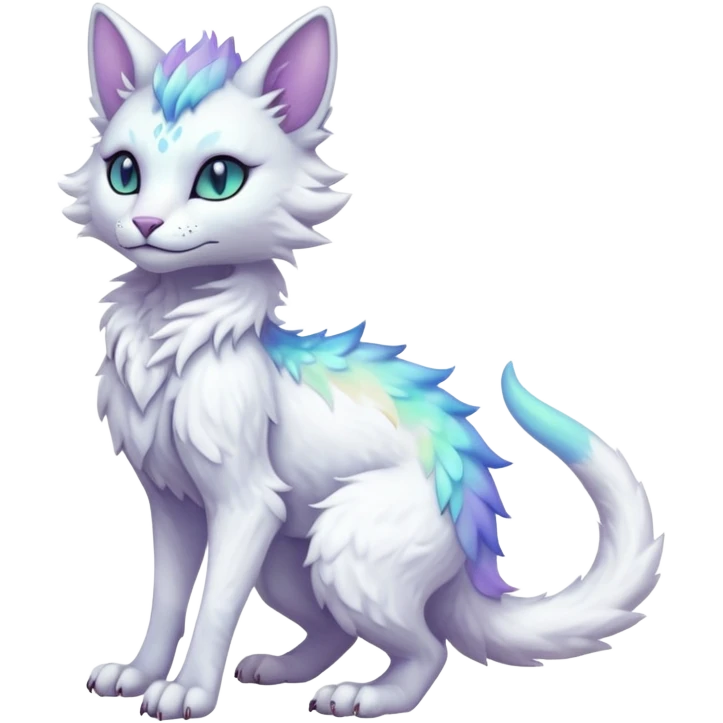 Kawaii white pastel iridescent beautiful pretty elegant divine edgy fantasy feline-vernid-sergal-fursona animal creature with a tufted tail full body with intricate markings  emoji