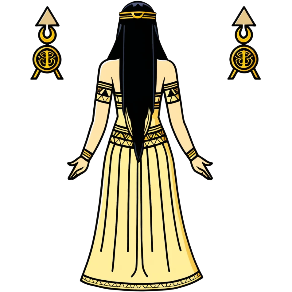 back view of Anunnaki goddess Inanna with straight long black hair and ancient Sumerian symbols embroidered on her ceremonial dress emoji