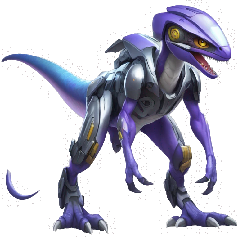 Cyberpunk-themed Shiny Velociraptor-Genesect-Fakémon-Pokémon wearing a with a futuristic helmet Full Body emoji