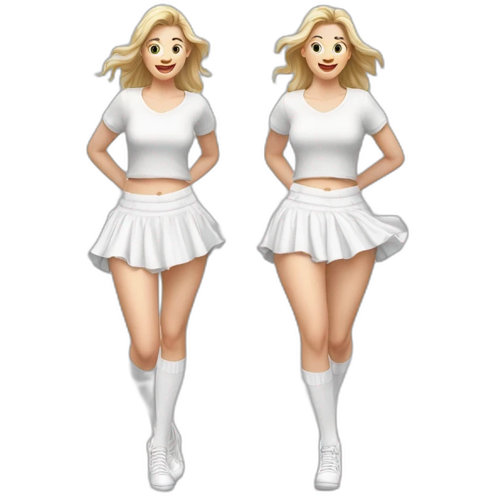 Hyperrealistic Full body Caucasian curvy beauty jumping short white skirt back and front views strong wind knickers long white socks emoji
