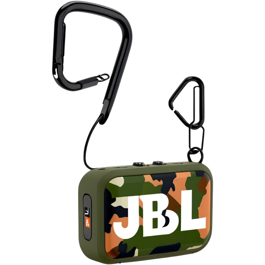 JBL Go Clip 4 portable speaker with camouflage colors and carabiner clip emoji