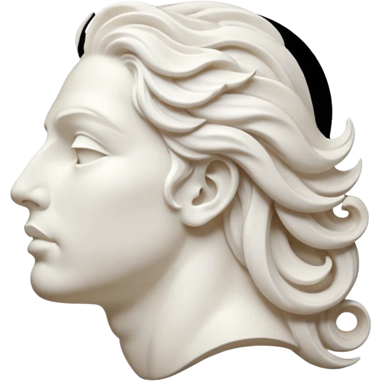 Create a stylized illustration of a classical face carved in white marble, shown in profile, gently blowing wind. The wind is depicted as decorative swirling lines emerging from the mouth.  emoji