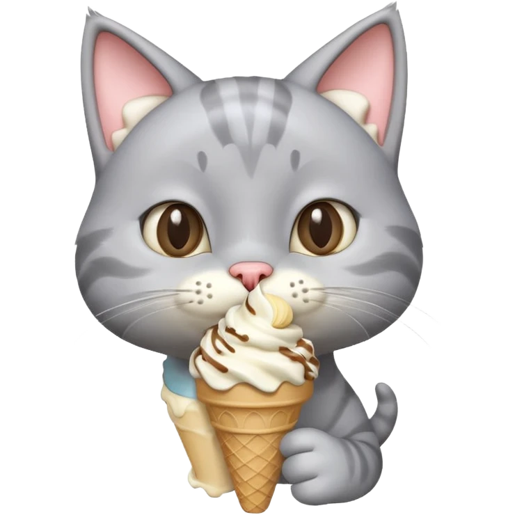 cute gray cat portrait, head and shoulders only, licking an ice cream cone, funny happy expression, 3D cartoon, mobile game icon style, clean background, no text, no watermark
 emoji
