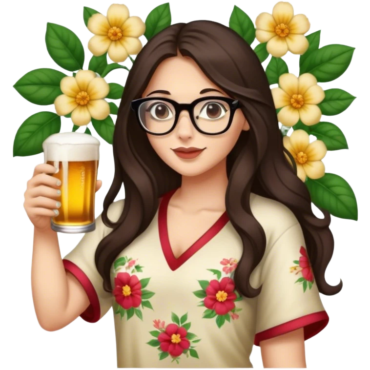 A beautiful brunette with long hair in slippers, glasses, a floral mural on her arm, and a beer in one hand emoji