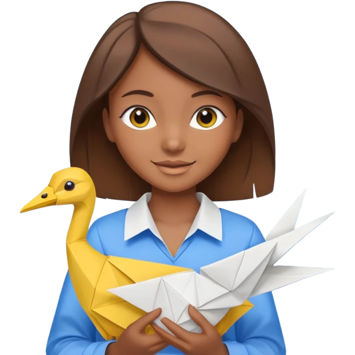 happy-african-young-girl-with-brown-hair-in-a-white-kanga-shirt-holds-an-origami-yellow-and-blue-crane emoji