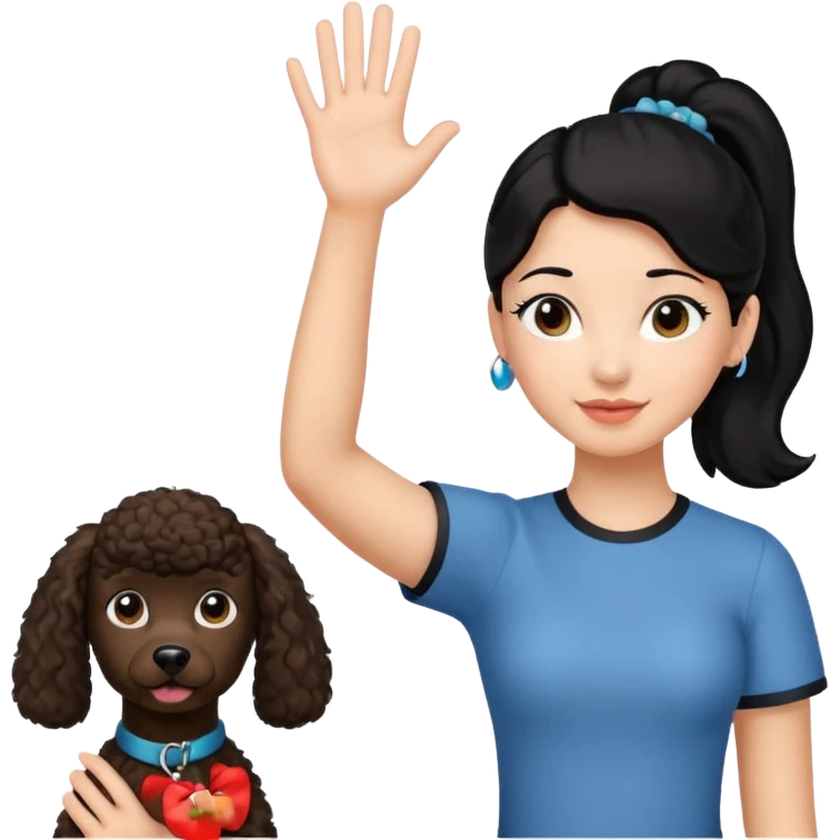 Ponytail black hair girl with brown Poodle say goodbye  emoji