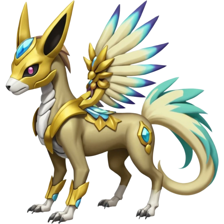 Colorful Skeletal masked armored Futuristic Meloetta-Manectric-Solgaleo-Raikou-Pokémon-Digimon-Fakémon-fusion-hybrid-creature, full body emoji